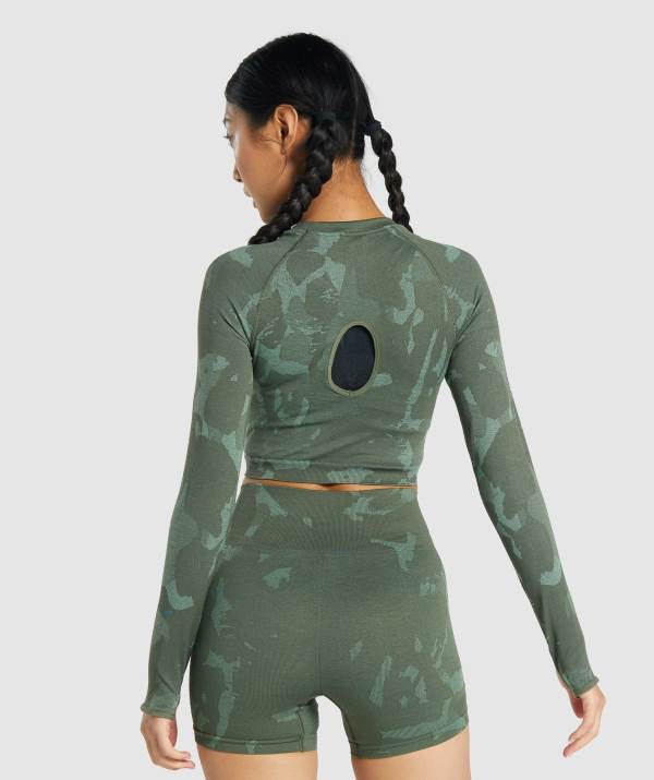 Damske Crop Top Gymshark Adapt Camo Seamless Long Sleeve Zelene | GV2684037